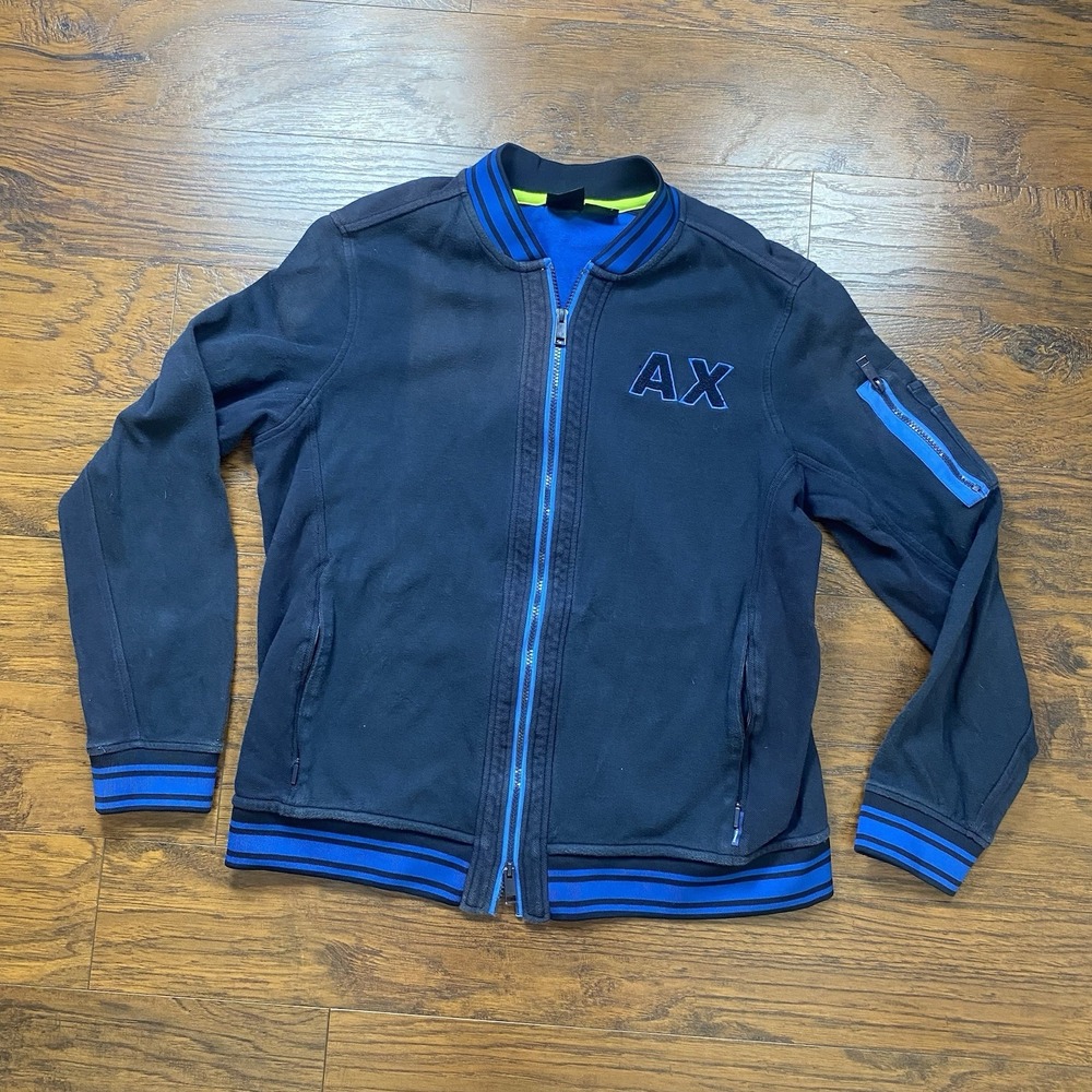 Armani Exchange Mens XL Navy Blue Full Zip Bomber Jacket Striped Trim AX Logo